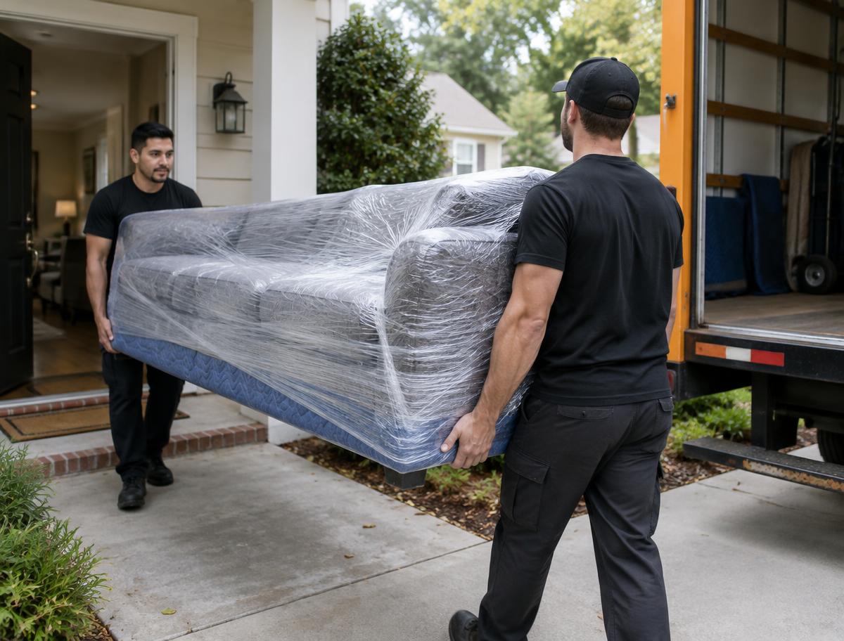 Movers carrying a wrapped sofa to the truck